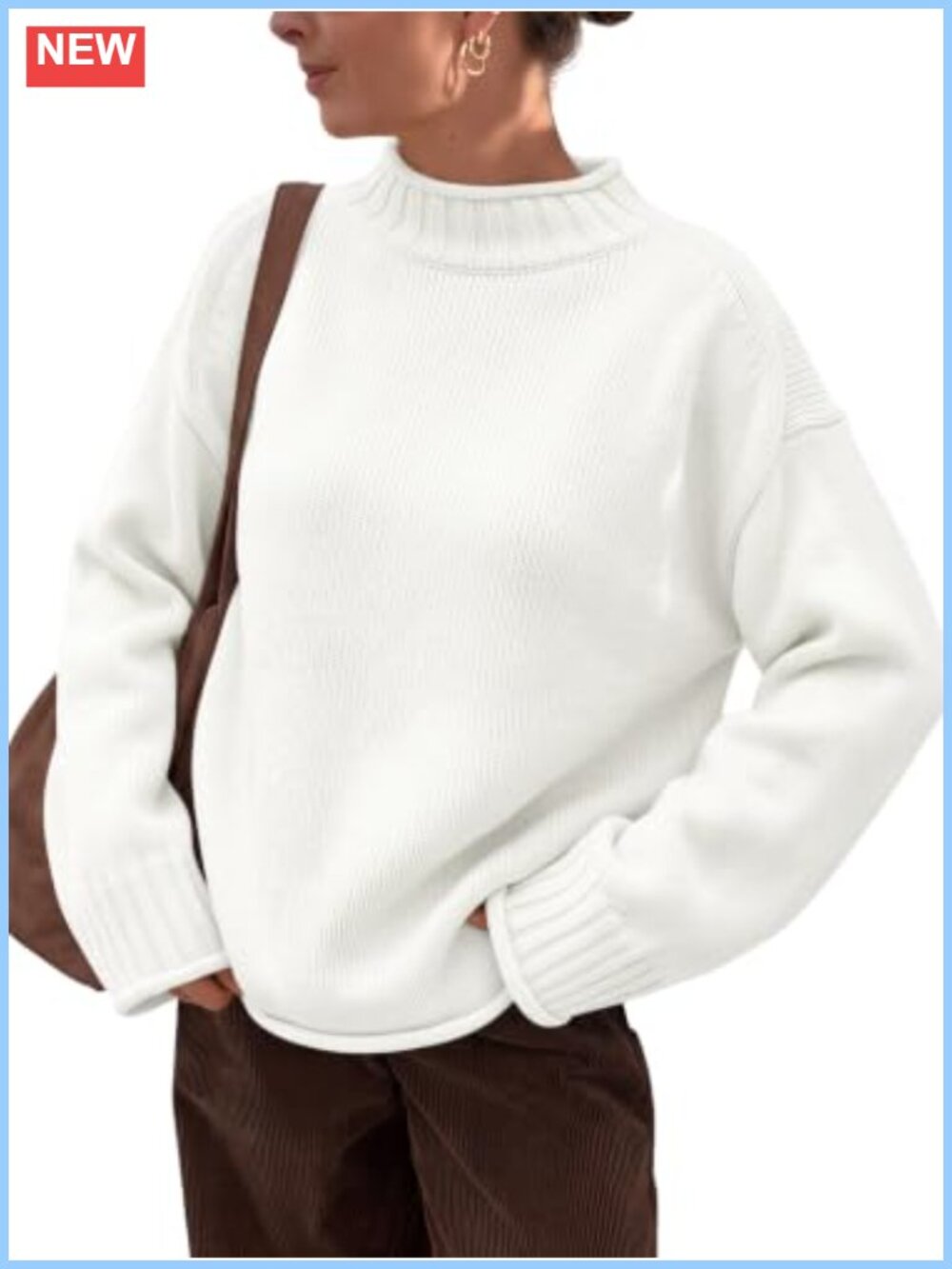 Oversized Mock Neck Pullover Sweater Cotton Blend Knit Fall Winter